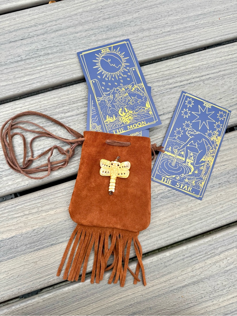 Handmade Suede Fringe Tarot Card Bag with Dragonfly Accent - Brown